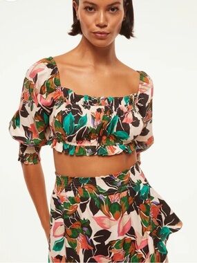 Misa Florian Floral Print Puff Sleeve Crop Top